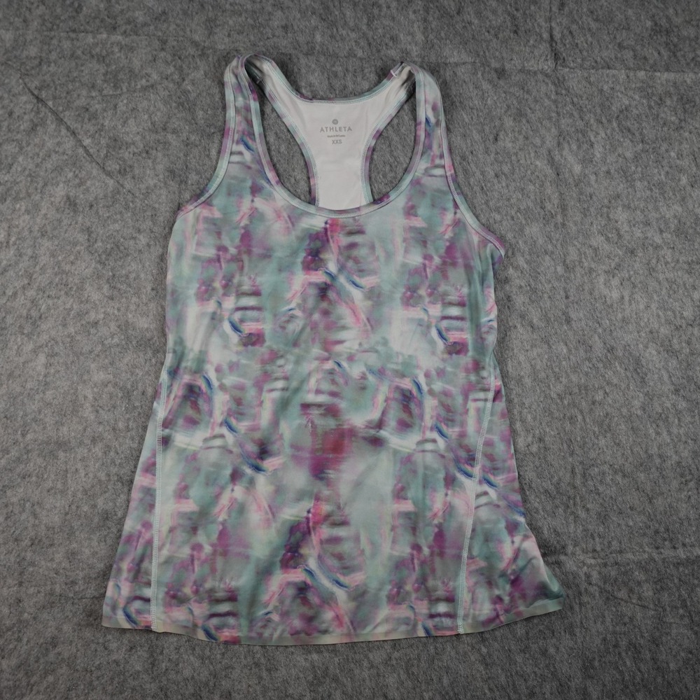 Athleta Top Women XXS Pink Purple Iridescent Tulip Back Chi Racerback Watercolor